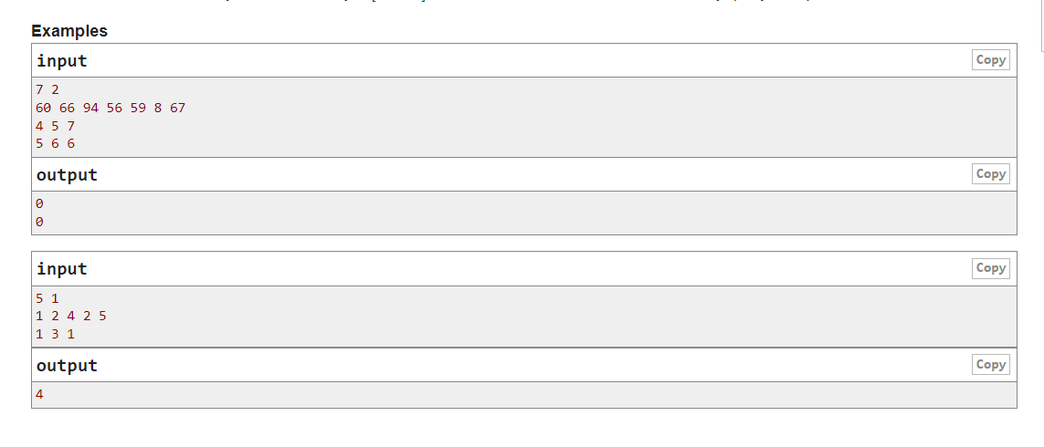 Examples
\begin{tabular}{|l|l|}
\hline input & Copy \\
\hline 72 \\
6066945659867 \\
457 \\
566 \\
\hline output & Copy \\
\h
