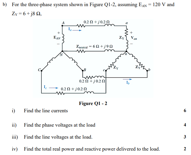 Solved b) For the three-phase system shown in Figure Q1-2, | Chegg.com
