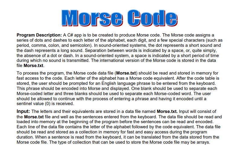 Solved Morse Code Program Description: A C# app is to be | Chegg.com