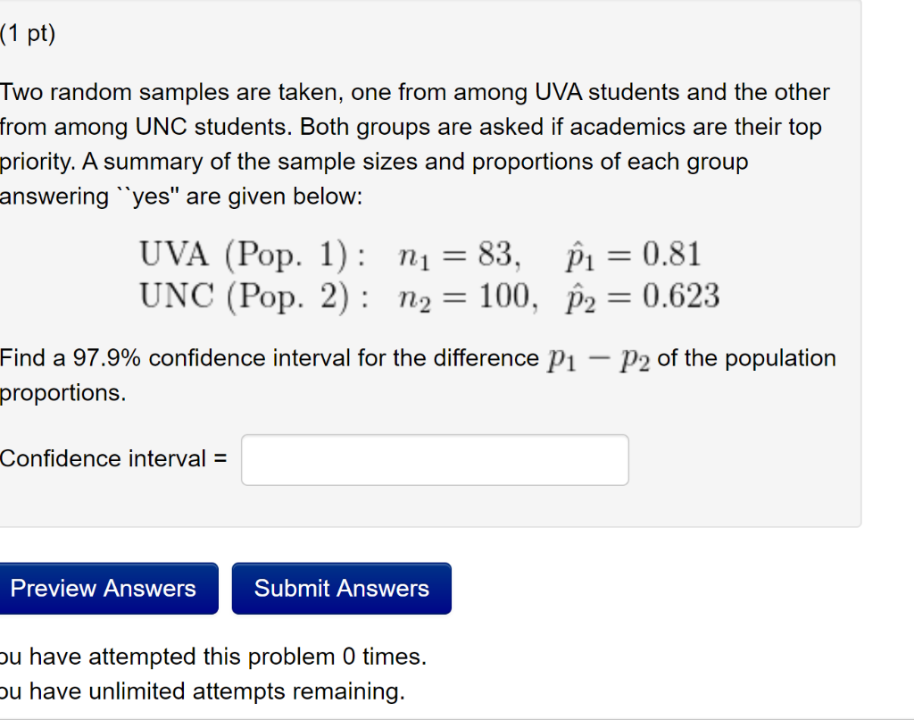 Solved (1 pt) Two random samples are taken, one from among | Chegg.com