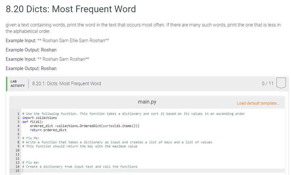 Solved Python8 20 Dicts Most Frequent Word Given A Text