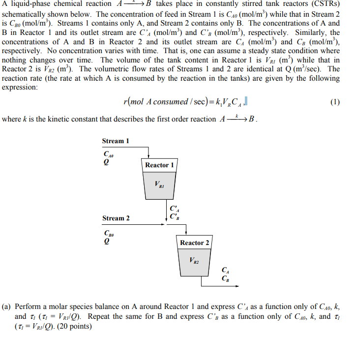 Solved A liquid-phase chemical reaction AB takes place in | Chegg.com