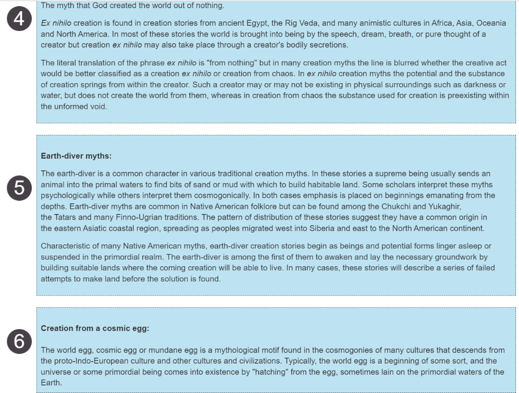 Each creation myth will get its own summary