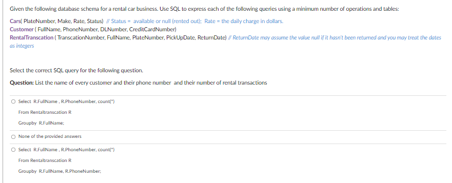 Solved a Given the following database schema for a rental | Chegg.com