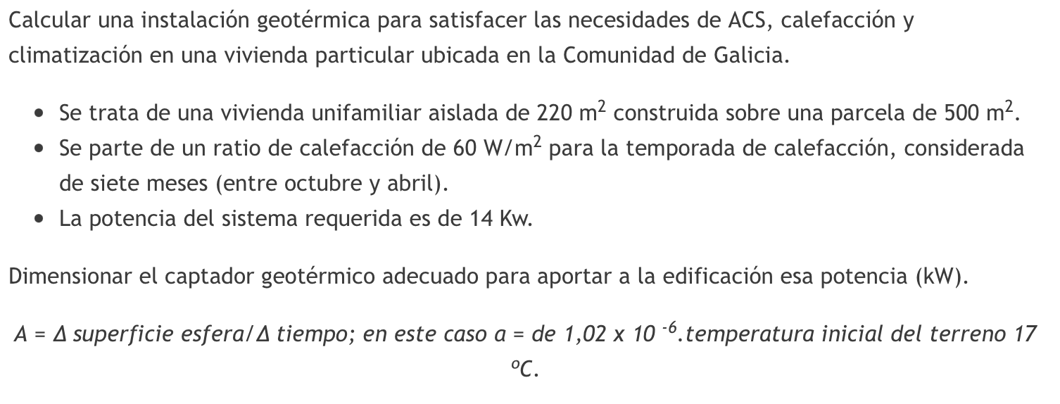 Calcular una instalación geotérmica para satisfacer las necesidades de ACS, calefacción y climatización en una vivienda parti