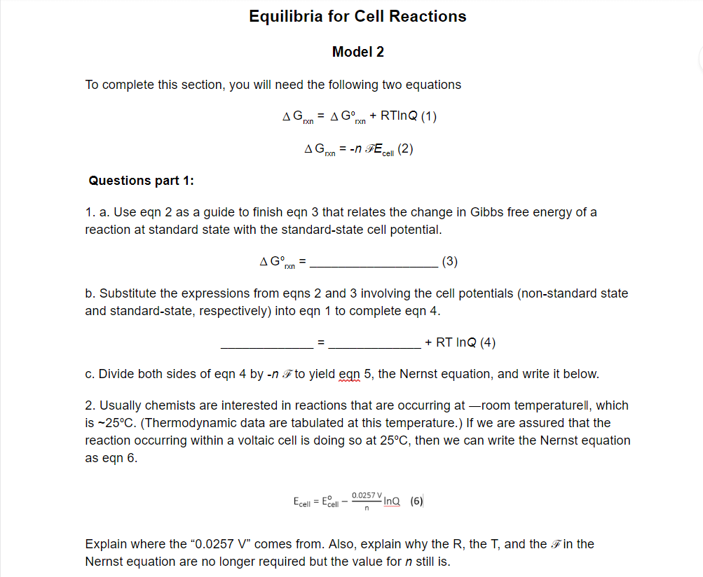 Solved Equilibria for Cell Reactions Model 2 To complete | Chegg.com