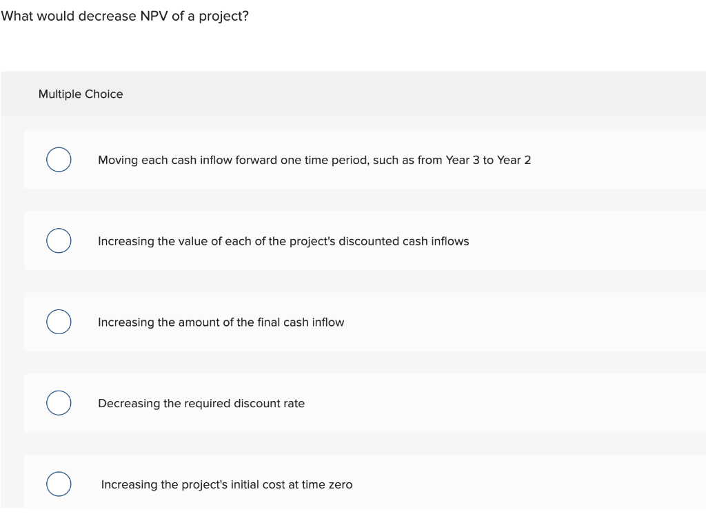 Solved What would decrease NPV of a project? Multiple Choice | Chegg.com