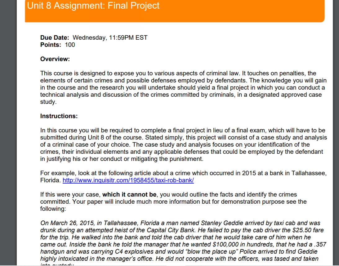 Unit 8 Assignment: Final Project Due Date: Wednesday, | Chegg.com