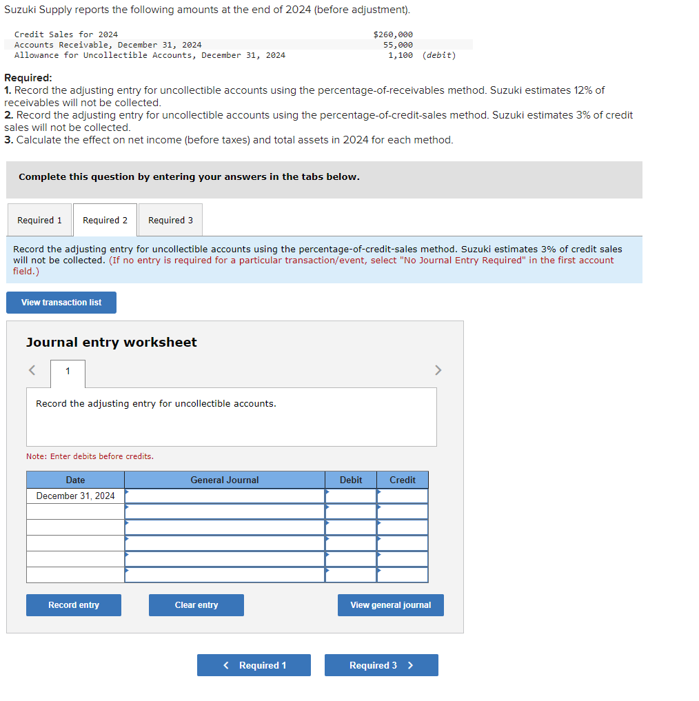 Required:
. Record the adjusting entry for uncollectible accounts using the percentage-of-receivables method. Suzuki estimate