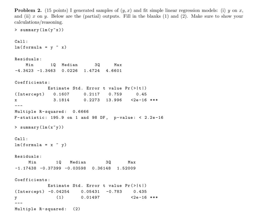 Solved Problem 2. (15 points) I generated samples of (y, x) | Chegg.com