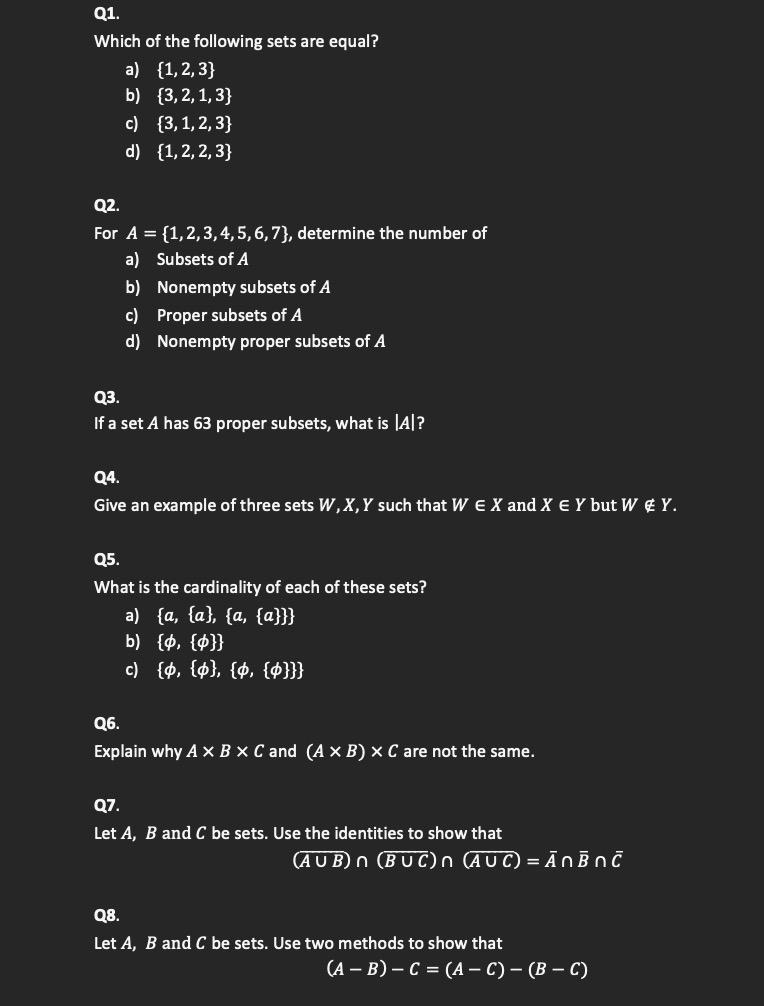 Solved Q1 Which Of The Following Sets Are Equal A 1 2 3 Chegg Com