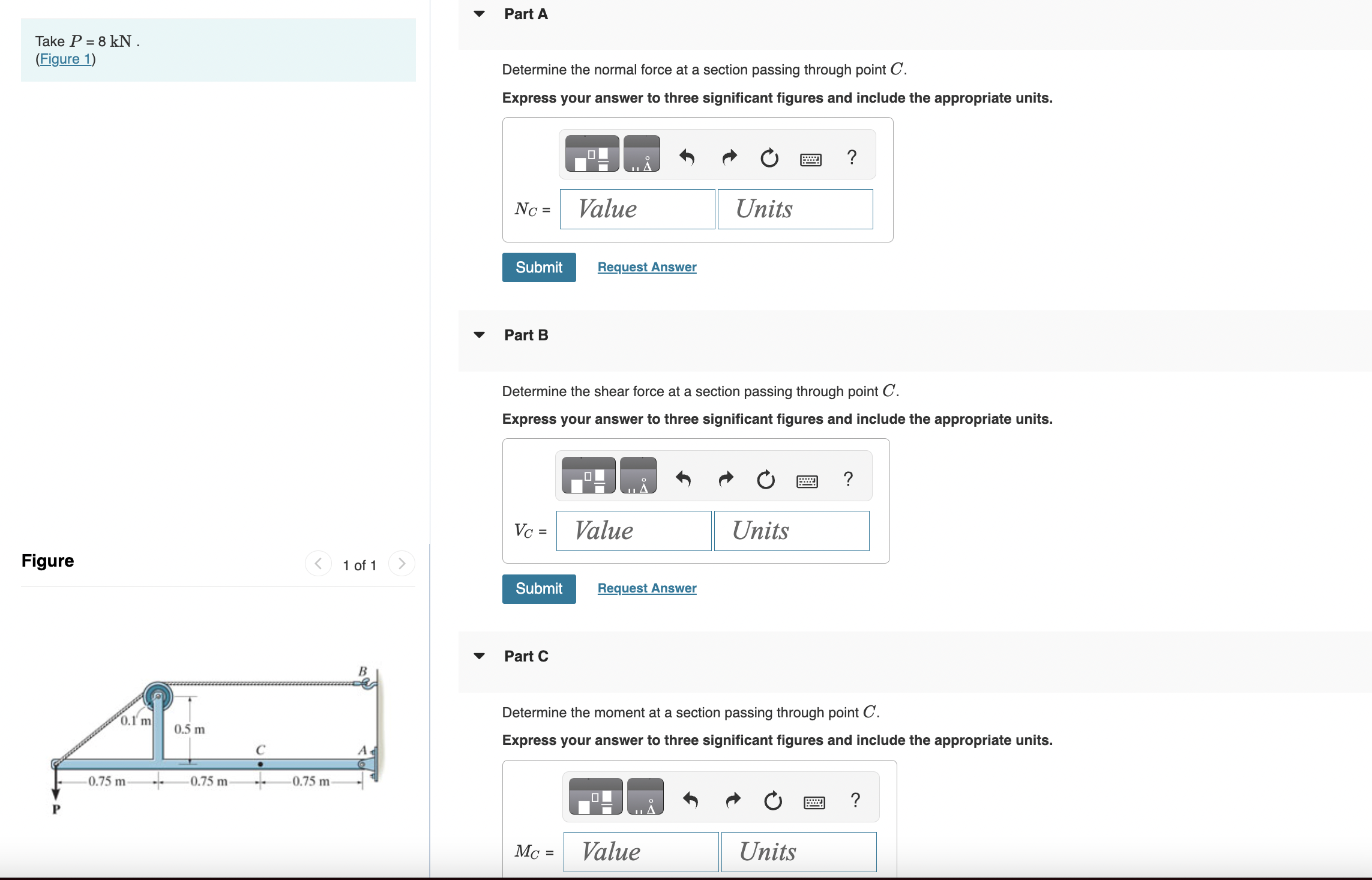 Solved Part ATake P=8kN.(Figure 1)Determine the normal force | Chegg.com