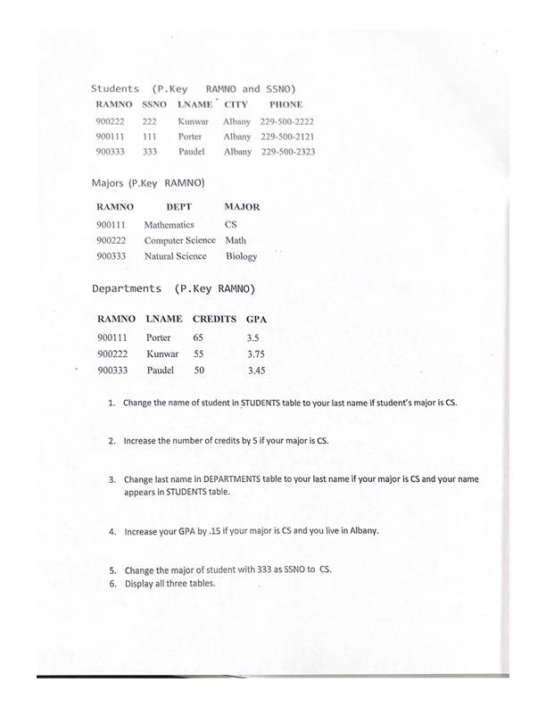 Solved Students (P.Key RAMNO and SSNO) RAMNO SSNO LNAME CITY | Chegg.com
