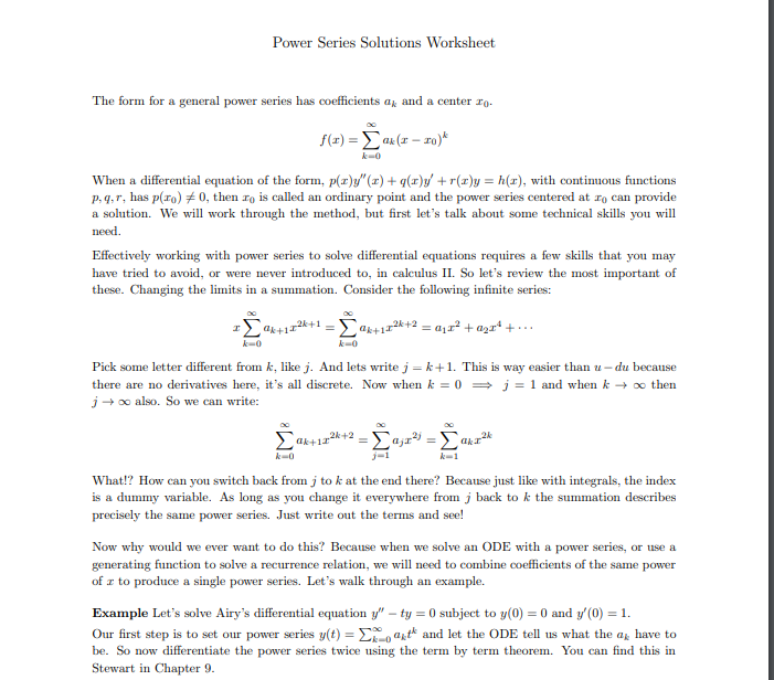 Solved Power Series Solutions Worksheet The Form For A Ge Chegg Com