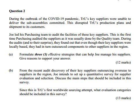Question 2
During the outbreak of the COVID-19 pandemic, TrUs key suppliers were unable to
deliver the sub-assemblies commit