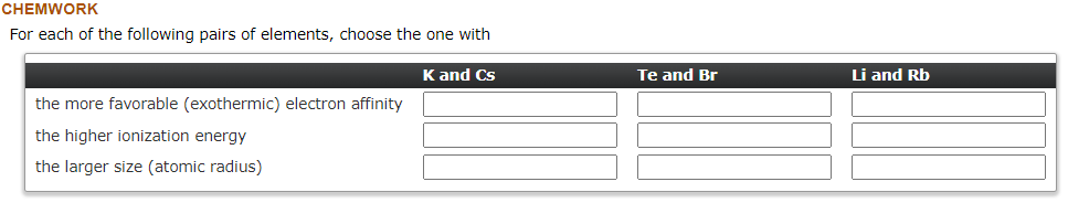 Solved CHEMWORK For each of the following pairs of elements, | Chegg.com