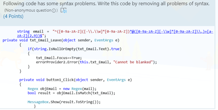 Solved Following code has some syntax problems. Write this | Chegg.com