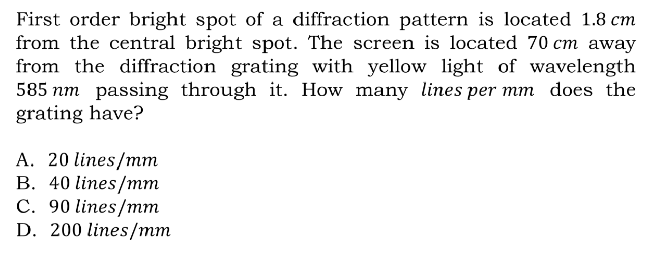 Solved First order bright spot of a diffraction pattern is | Chegg.com