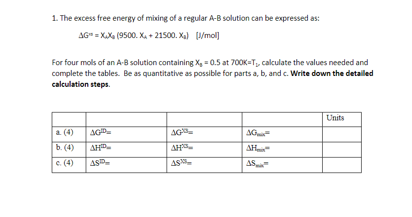 Solved 1. The excess free energy of mixing of a regular A-B | Chegg.com