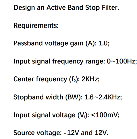 Design an Active Band Stop Filter. Requirements: | Chegg.com