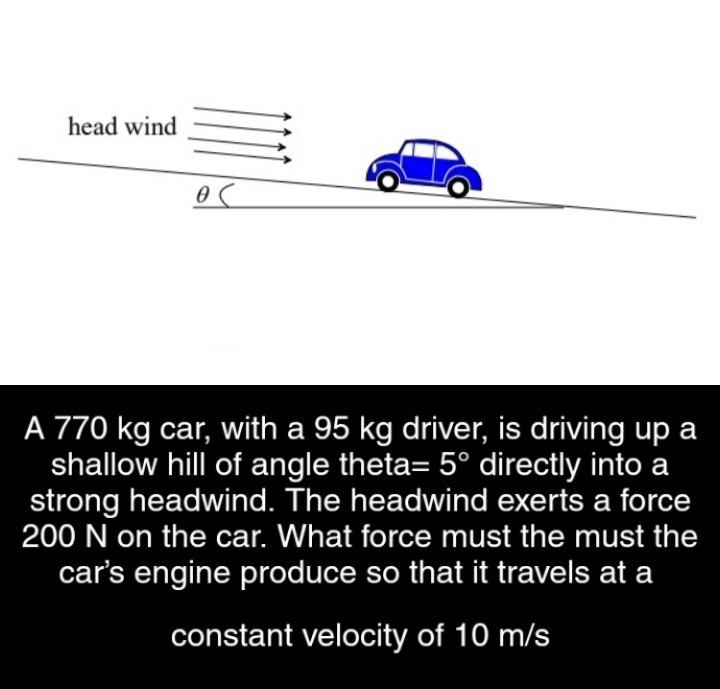 head wind a 770 kg car, with a 95 kg driver, is driving up a shallow hill of angle theta=