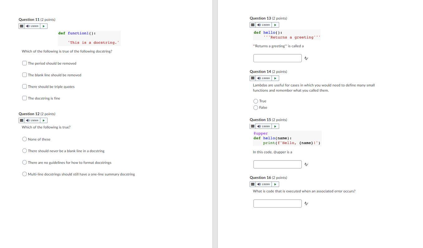 Solved Question 11 (2 points) E4 Listen def function(): This | Chegg.com