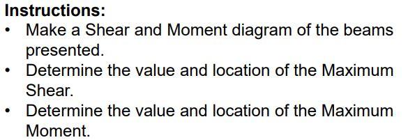 Instructions:
- Make a Shear and Moment diagram of the beams presented.
- Determine the value and location of the Maximum She