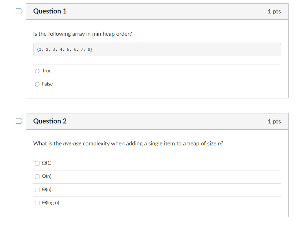 Solved D Question 1 1 pts Is the following array in min heap | Chegg.com