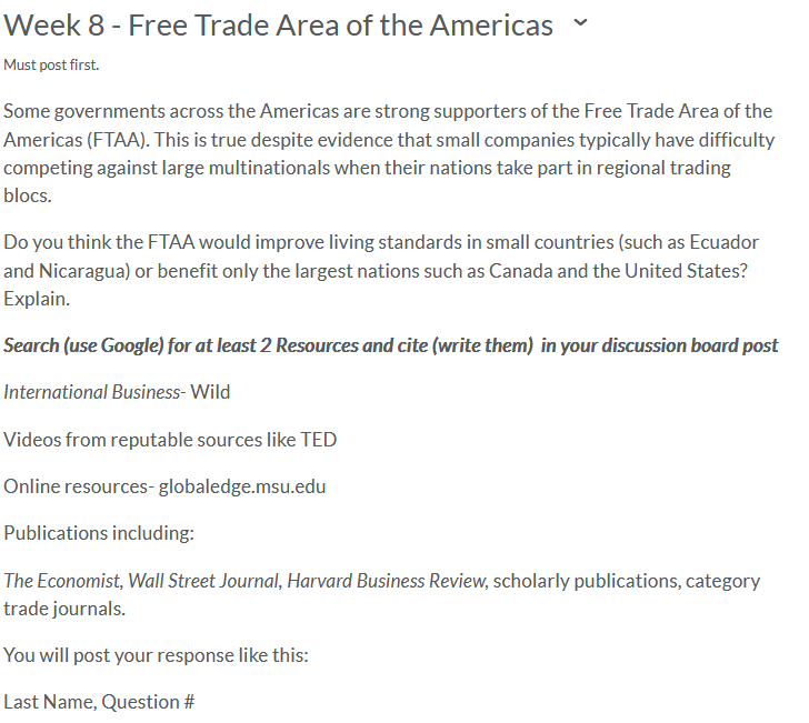 Solved Week 8- Free Trade Area of the Americasv Must post | Chegg.com