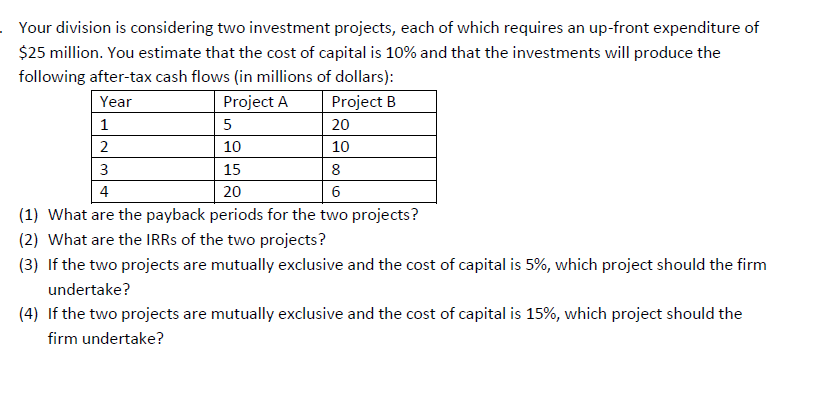 Solved Your Division Is Considering Two Investment Projects, | Chegg ...