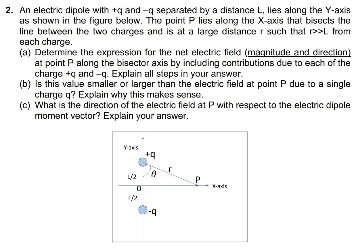 Solved 2. An electric dipole with +q and -q separated by a | Chegg.com