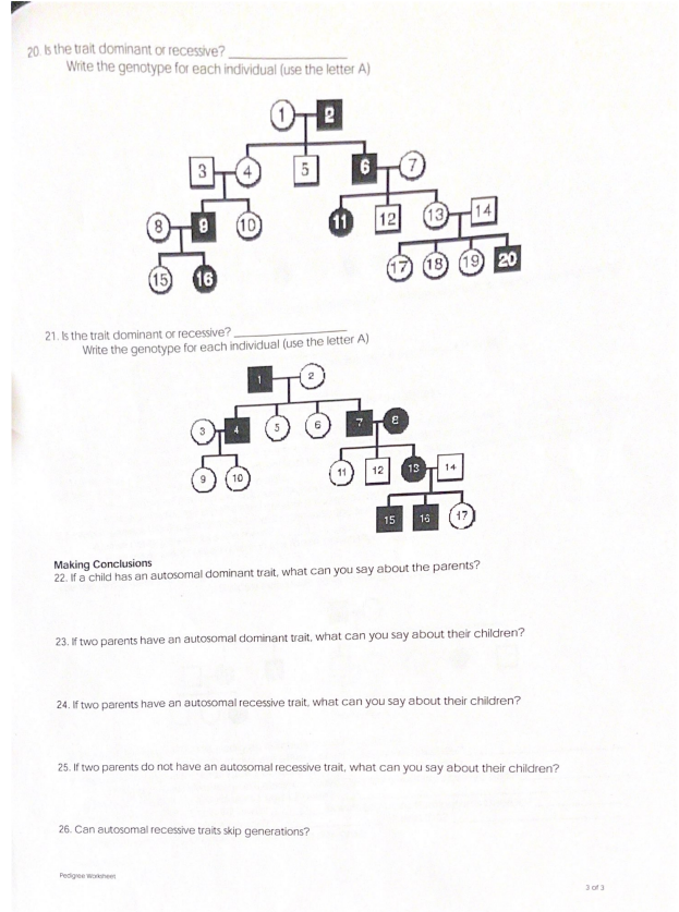 Solved 20. Is the trait dominant or recessive? Write the | Chegg.com