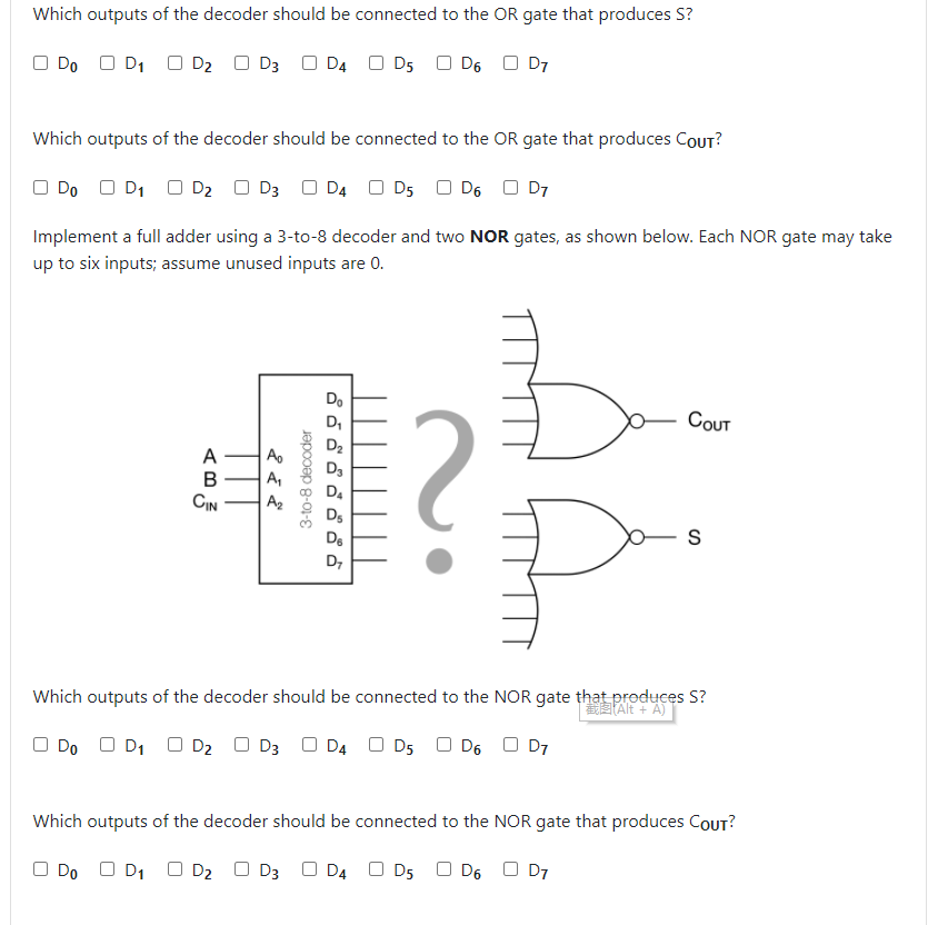 Solved Question 8: Building a Full Adder Using a 3-to-8 | Chegg.com