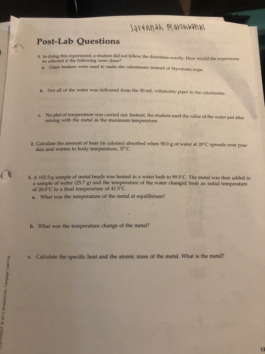 Solved Post-Lab Questions 1. In doing this experiment, a | Chegg.com