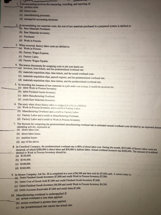 Solved 1. Cost accounting involves the measuring, recording,