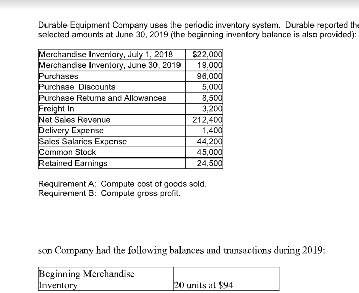 Solved Durable Equipment Company uses the periodic inventory
