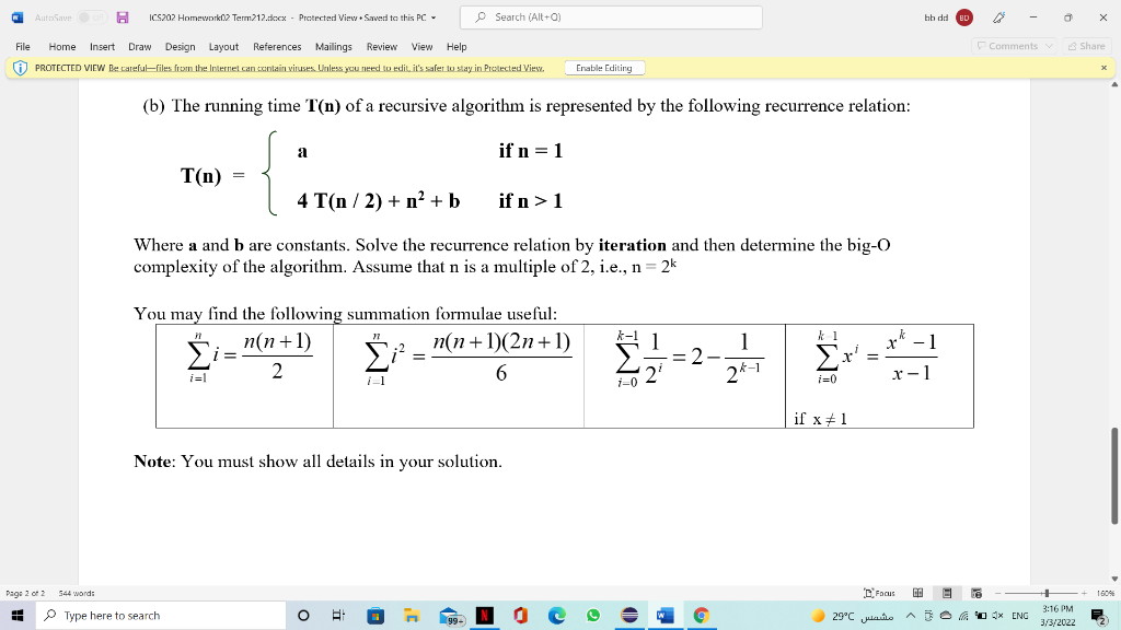 Solved The running time T(n) of a recursive algorithm is | Chegg.com
