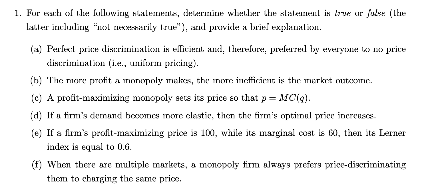 Solved 1. For Each Of The Following Statements, Determine | Chegg.com