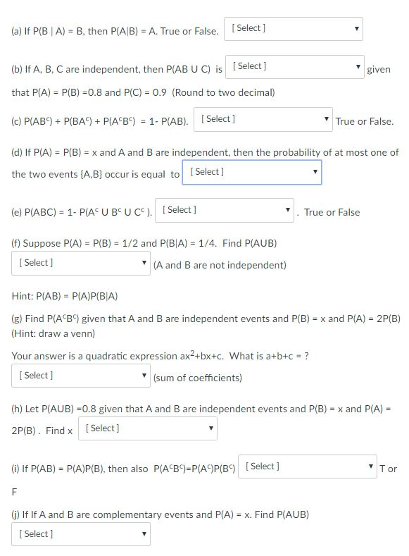 True False Options Options for the questions: (a) {True, False} (b) | Chegg.com