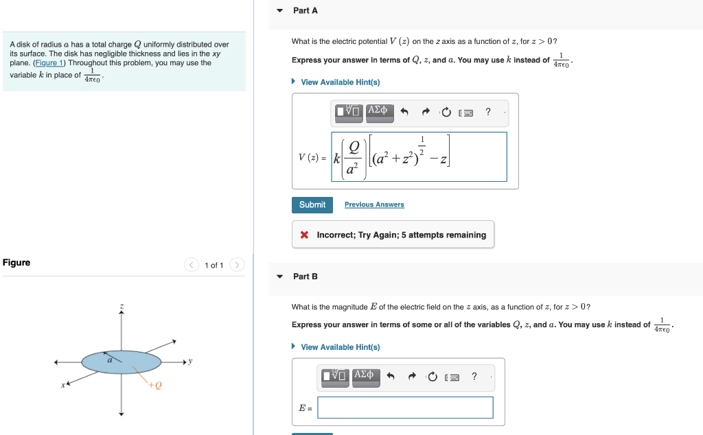 A disk of radius \( a \) has a total charge \( Q \) uniformly distributed over What is the electric potential \( V(z) \) on t