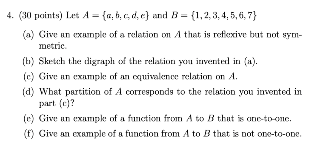 Solved 4. (30 points) Let A = {a,b,c,d, e} and B = {1, 2, 3, | Chegg.com