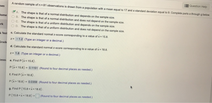 Solved Question Help A random sample of n -81 observations | Chegg.com