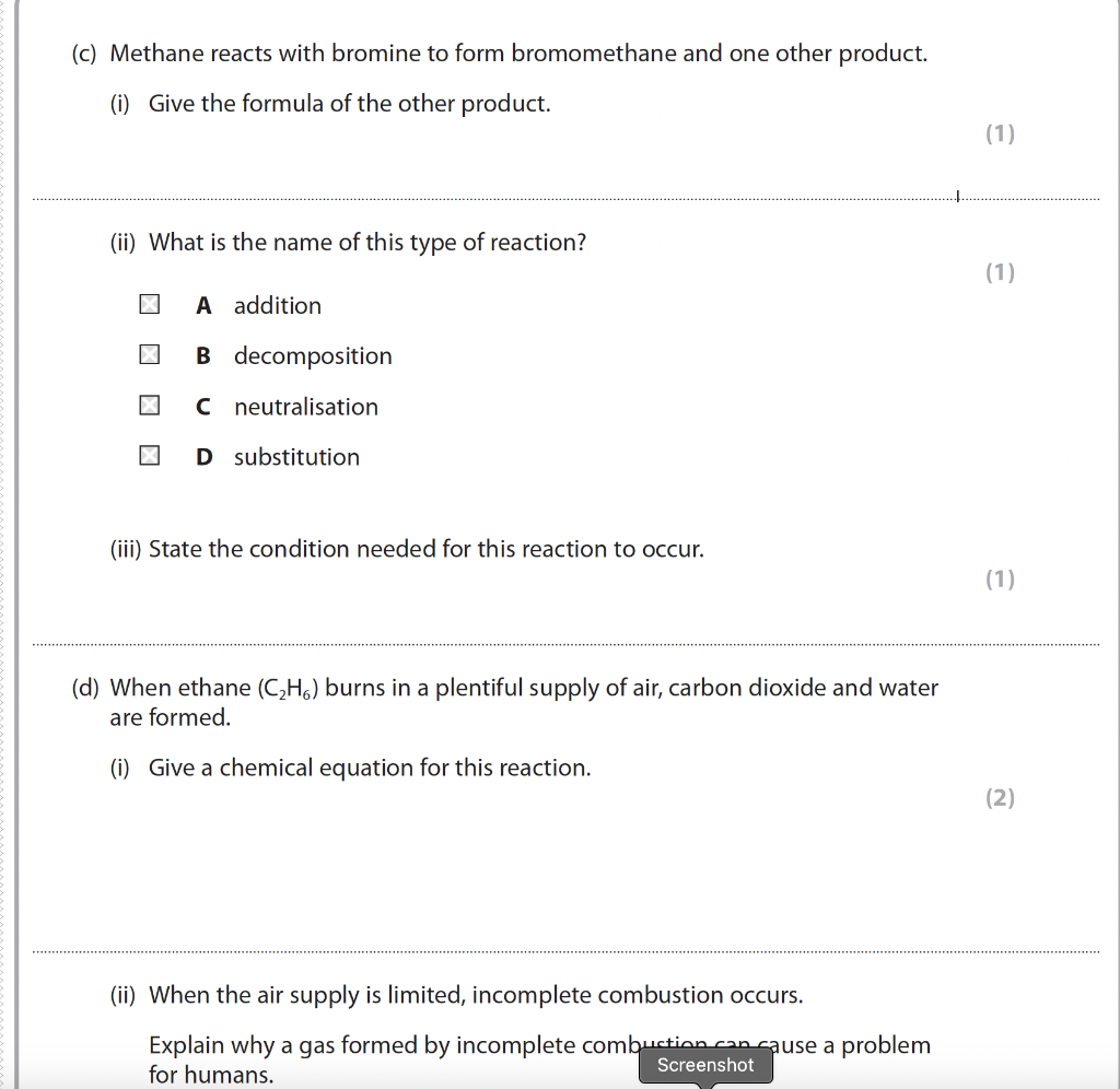 Solved (c) Methane reacts with bromine to form bromomethane
