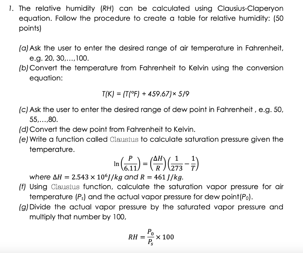 Solved 1. The relative humidity (RH) can be calculated using | Chegg.com