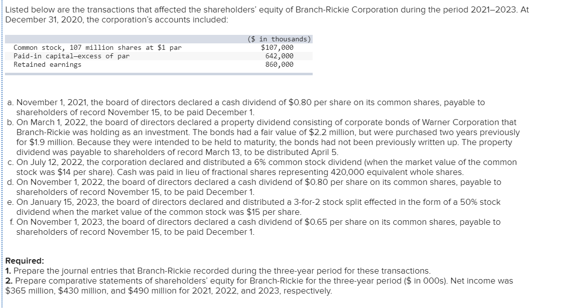 Solved Record declaration of cash dividend. Record the entry