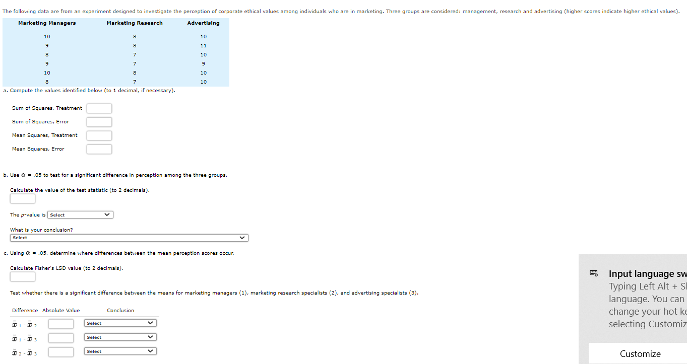 Solved The following data are from an experiment designed to | Chegg.com