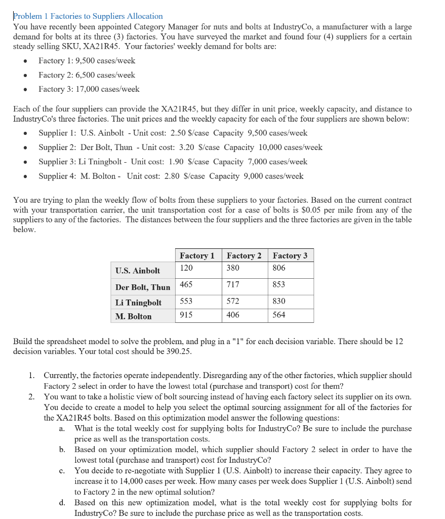 Solved Problem 1 Factories to Suppliers Allocation You have | Chegg.com