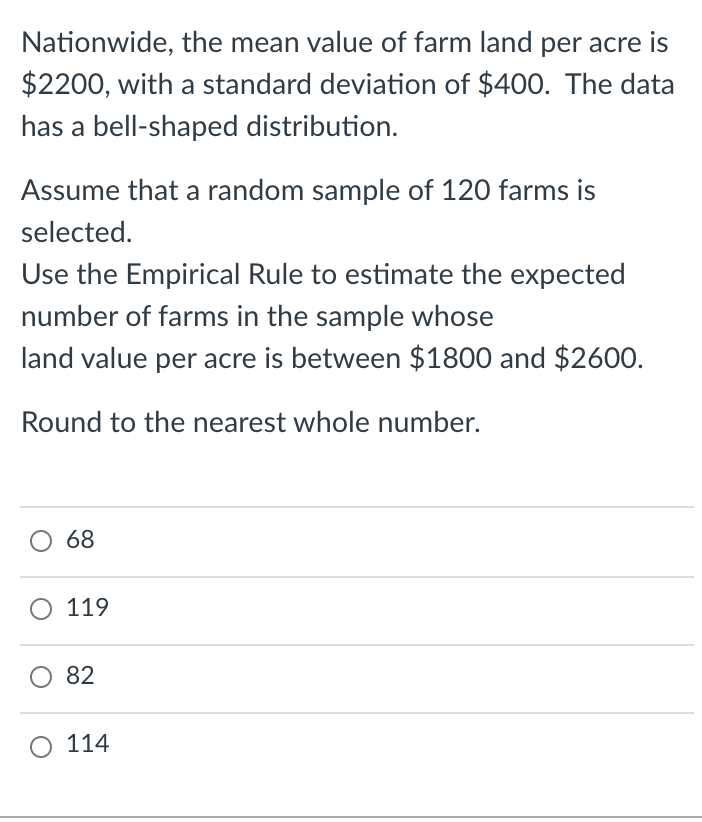 Solved Nationwide, the mean value of farm land per acre is