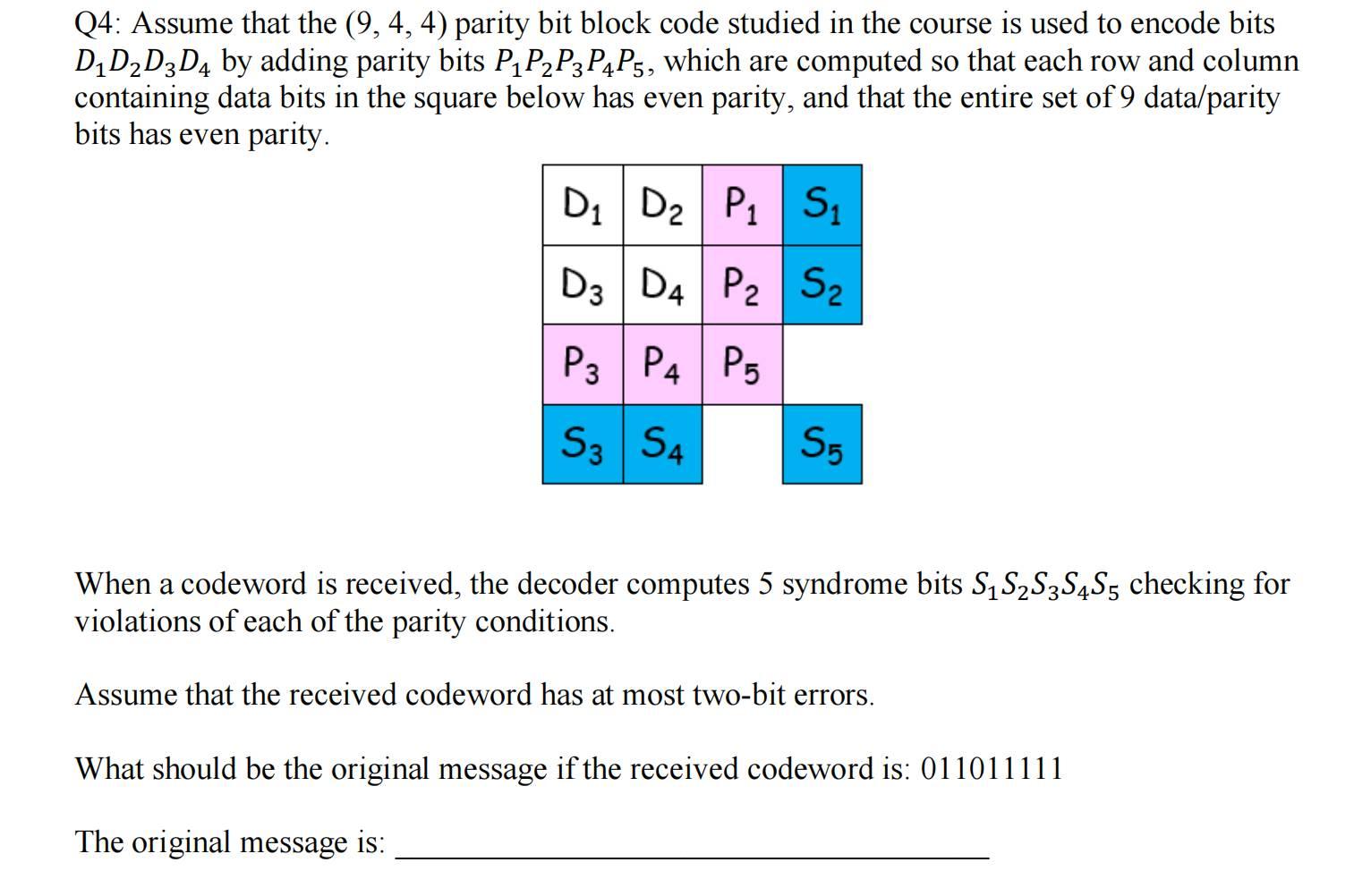 Solved Q4: Assume that the (9, 4, 4) parity bit block code | Chegg.com