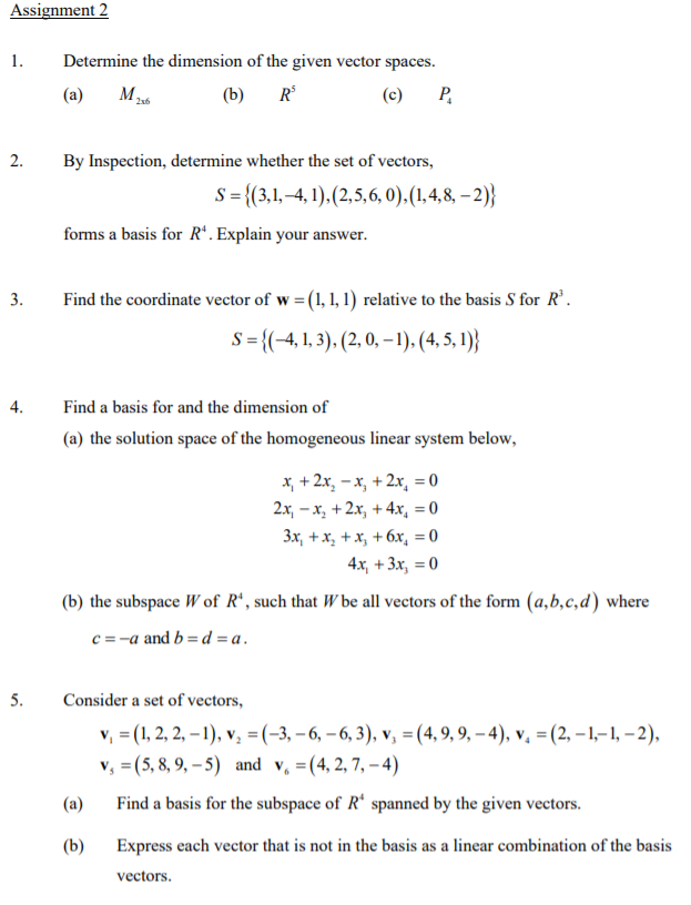 Solved Assignment 2 1. Determine the dimension of the given | Chegg.com